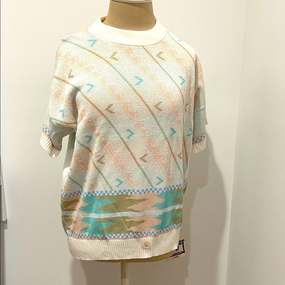 Vintage Patterned Short Sleeve Sweater - Multicolor (L)